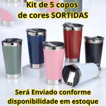 Kit 5 Copo Térmico Para Cerveja Chopp Chá e cafe 473ml Com Tampa e Abridor Mantem Gelada e Quente Cores Sortidas