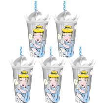 Kit 5 Copos 500ml Estampa Cinderela Princesa com Canudo e Tampa Coroa Lembrança Festa