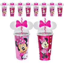 Kit 5 Copos 500ml Minnie Rosa com Orelhas e Canudo Infantil para Festas