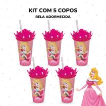 Kit 5 Copos Plasutil Bela Adormecida Tampa Coroa Criança Menina Bebê Infantil Prático Canudo Festa Temática Princesas