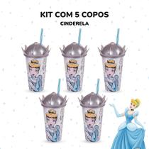 Kit 5 Copos Plasutil Cinderela Tampa Coroa Criança Menina Bebê Infantil Prático Canudo Festa Temática Princesas