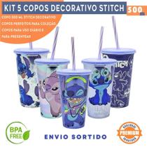 Kit 5 Copos Stitch 500ml com Tampa e canudo para Refri Bpa Free Personalizado Disney Lembrancinha Festa Infantil Plasutil