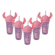 Kit 5 Copos Stitch e Angel 500ml Com Tampa Ludica Canudo Orelhinha para Refri Bpa Free Disney Lembrancinha Festa