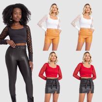 Kit 5 Cropped Blusinha Feminina Canelada Manga Longa Tule Poa Bolinha Moda Inverno Kit 5 Cropped Blusinha Feminina Canelada Manga Longa Tule Poa Bolinha Moda Inverno