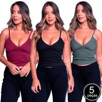 Kit 5 Cropped Vekyo Tecido Bengaline Alça Fina Decote V