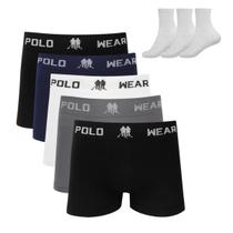 Kit 5 Cueca Boxer Polo Wear Microfibra Sortido + 3 Meias M10