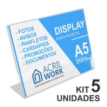 Kit 5 Displays Acrílico Porta Folha Papel A5 L Horizontal