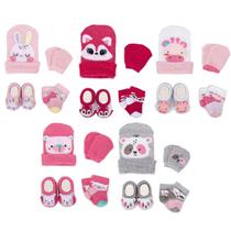Kit 5 Enxoval Touca Luva Meia e Pantufa Bebê Recém Nascido Menina