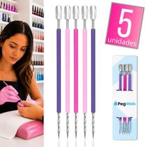 Kit 5 Espátula Curva Mista Palito Empurrador Silicone Manicure Pedicure Cutelaria Cutícula Aço Inox Profissional PEGWEB - Kit 5 Espátula Curva Mista Palito Empurrador Silicone Manicure Pedicure Cutelaria Cutícula Aço Inox Profissional PEGWEB -