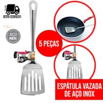 Kit 5 Espatula Vazada de Inox para Hamburguer Lanche Grande com Alça Utensilio de Cozinha
