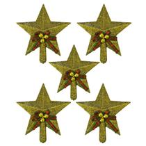 Kit 5 Estrelas Ponteira Dourada Laço 15 Cm Árvore Natal Em