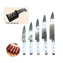 Kit 5 Facas Inox Cozinha Carne Churrasco + Amolador Afiador