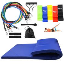 Kit 5 Faixa Elástica + Elástico Extensor + Colchonete Treino Ginastica Pilates E Fisioterapia