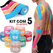 Kit 5 Fitas Kinesio Tape Bandagem Elástica Funcional Fisioterapia Esporte Reabilitação 25 Metros