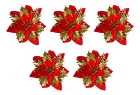 Kit 5 Flor Pick Artificial Decoração De Natal Dourada Brilho - Tuttistore