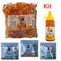 Kit 5 ítens- Mel Sachê 1 kg, Mel Bisnaga 280g, Bala Mel com Própolis, Gengibre, Menta