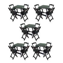 Kit 5 Jogos de Mesa Dobráveis 70x70cm com 20 Cadeiras Madeira Maciça Preto