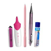 Kit 5 Lapiseira Rosa 0.7 + Grafite + BPX + Vista + Borracha Kit 5 Lapiseira Rosa 0.7 + Grafite + BPX + Vista + Borracha