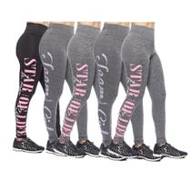 Kit 5 legging adulto feminina fitness academia cós alto escrita lateral básica