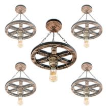 Kit 5 Luminária Pendente Lustre Roda de Carroça em Madeira Maciça 33cm Rústico Colonial Vintage Retrô