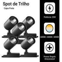 Kit 5 Luminária Preto Trilho Spot Led 20W 3500K Branco Quente Kit 5 Luminária Preto Trilho Spot Led 20W 3500K Branco Quente