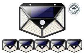 Kit 5 Luminária Solar Parede 100 Led Sensor Presença Com 3 Funções Preta