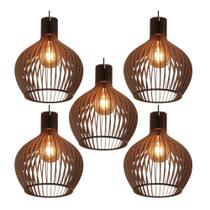 Kit 5 Luminarias Grande Pendente De Teto Decorativo De Madeira Rustico Retro Marrom