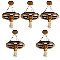 Kit 5 Luminárias Pendente Lustre Roda de Carroça em Madeira Maciça 33cm Rústico Colonial Vintage Retrô