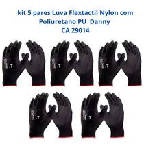 Kit 5 Luvas Segurança Flextactil Nylon Poliuretano PU Preta DA12100 Danny CA 29014