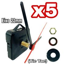 Kit 5 Mecanismos Do Movimento Relógio De Parede 22mm Quartz + Ponteiros Preto