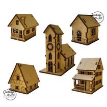 Kit 5 Mini Casinhas Vila 1 em MDF para Decoração e Artesanato