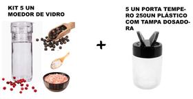 Kit 5 Moedor Temperos Vidro 100ml + 5 Pote Plástico Porta Tempero 250ml com Tampa Fliptop Kit 5 Moedor Temperos Vidro 100ml + 5 Pote Plástico Porta Tempero 250ml com Tampa Fliptop