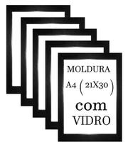 Kit 5 Molduras A4 Certificado/ Diploma Com Vidro Cor Preta