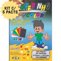 Kit 5 Pacotes de 45 Folhas Papel Colorido OffPinho A4 75g 8 Cores OFF Paper para Fazer Máscaras, Placas e Marca Paginas