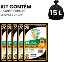 Kit 5 Pacotes Saco de Lixo 15L Universo DB, 20 Unidades por Pacote Total 100 Sacos