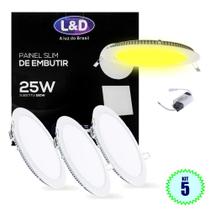 Kit 5 Painel Plafon Embutir 25w Luminária LED Redondo Branco Quente L&D 0431
