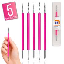 Kit 5 Palito Duplo Bastão Cutícula Unha Manicure Pedicure Cutelaria Silicone Rosa Aço Inox Monolo