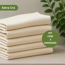Kit 5 Pano De Prato Especial Algodão Crú E Branco Rustico Cozinha Louça Casa Dia a Dia