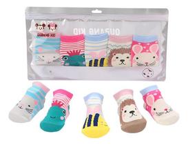 Kit 5 Pares Meia Infantil Antiderrapante Para Bebês Estampas