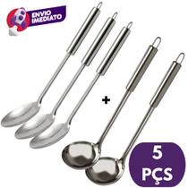 Kit 5 Pç Colher De Arroz E Concha Para Feijão Caldos Molhos Utensílio Cozinha Inox Bar Restaurante