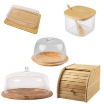 Kit 5 Pçs Bambu Porta Queijo Açucar Pão Boleira Manteiga Ou