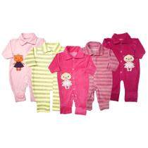 Kit 5 Pçs Macacão Bebê Plush Longo Bordado Inverno Enxoval