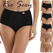 Kit 5 pçs Tanga Calcinha Cintura Alta Fio Duplo com Renda Lateral - Microfibra Conforto Sensualidade