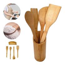 Kit 5 Peças Bambu Porta Utensílios Garfo Colher Espátula