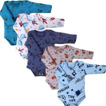 Kit 5 Peças Body Bebe M/Longa Estampado 100 Algodão Menino Menina