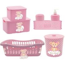 Kit 5 Peças c/ Cesto Roupas Bebê Organizador Caixa Rattan Lixeira de Quarto Infantil Kit higiene