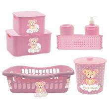 Kit 5 Peças c/ Cesto Roupas Bebê Organizador Caixa Rattan Lixeira de Quarto Infantil Kit higiene