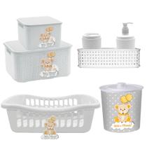 Kit 5 Peças c/ Cesto Roupas Bebê Organizador Rattan Caixa e Lixeira de Quarto Infantil Kit higiene Kit 5 Peças c/ Cesto Roupas Bebê Organizador Rattan Caixa e Lixeira de Quarto Infantil Kit higiene