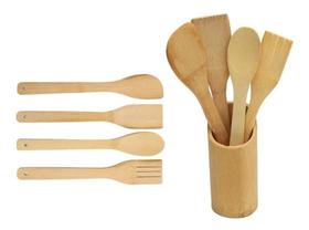 Kit 5 Peças Colher De Pau Bambu Culinário E Suporte Premium