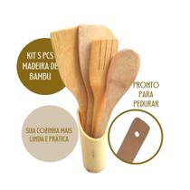 Kit 5 Peças De Bambu Gourmet Colher Garfo Espátula Antiaderente Para Cozinhar